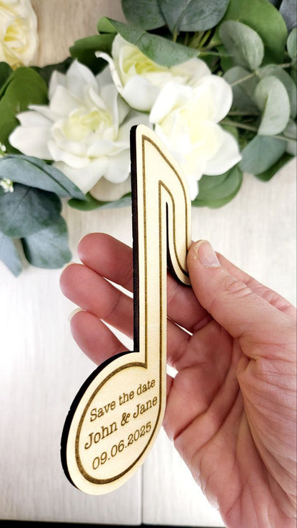 Music Note Save the Date Magnet • Band & Musician Wedding Favor • Personalized Wooden Magnet with Card