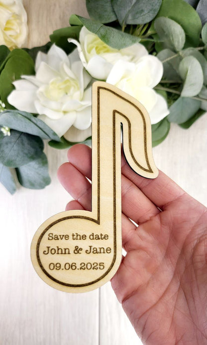 Music Note Save the Date Magnet • Band & Musician Wedding Favor • Personalized Wooden Magnet with Card