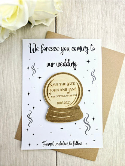 Crystal Ball Save the Date Magnet • Witchy Halloween Wedding Invitation • Custom Wood Wedding Favor