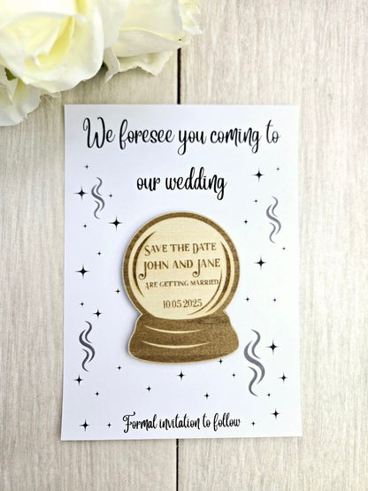 Crystal Ball Save the Date Magnet • Witchy Halloween Wedding Invitation • Custom Wood Wedding Favor