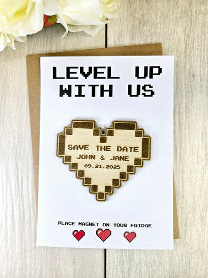 Pixel Heart Save The Date Magnets, Cute and unique Game invites | Personalized Wedding Announcement | Laser Engraved wooden magnet (Copy)