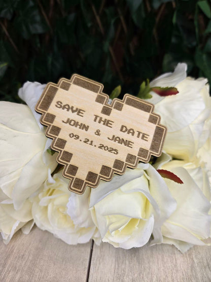 Pixel Heart Save The Date Magnets, Cute and unique Game invites | Personalized Wedding Announcement | Laser Engraved wooden magnet (Copy)