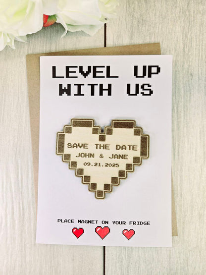 Pixel Heart Save The Date Magnets, Cute and unique Game invites | Personalized Wedding Announcement | Laser Engraved wooden magnet (Copy)