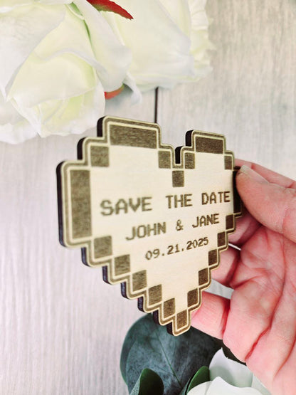 Pixel Heart Save The Date Magnets, Cute and unique Game invites | Personalized Wedding Announcement | Laser Engraved wooden magnet (Copy)