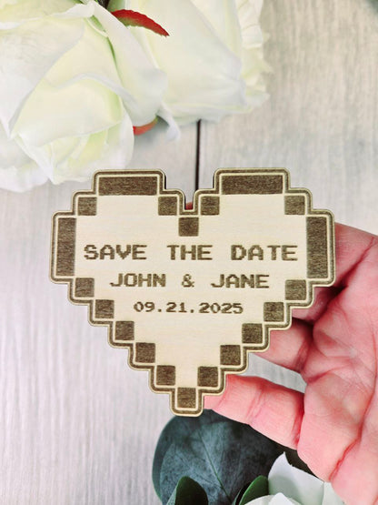 Pixel Heart Save The Date Magnets, Cute and unique Game invites | Personalized Wedding Announcement | Laser Engraved wooden magnet (Copy)
