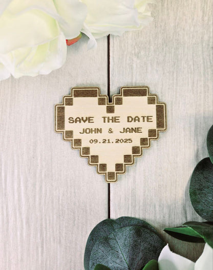 Pixel Heart Save The Date Magnets, Cute and unique Game invites | Personalized Wedding Announcement | Laser Engraved wooden magnet (Copy)