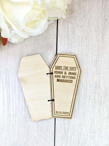 Coffin Save the Date Magnet • Gothic Halloween Wedding Invitation • Spooky Wedding Favor • Custom Laser Cut Wood Magnet • ’Til Death Do Us Part