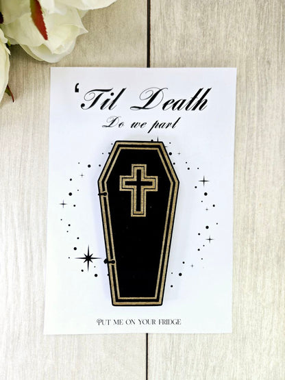 Coffin Save the Date Magnet • Gothic Halloween Wedding Invitation • Spooky Wedding Favor • Custom Laser Cut Wood Magnet • ’Til Death Do Us Part