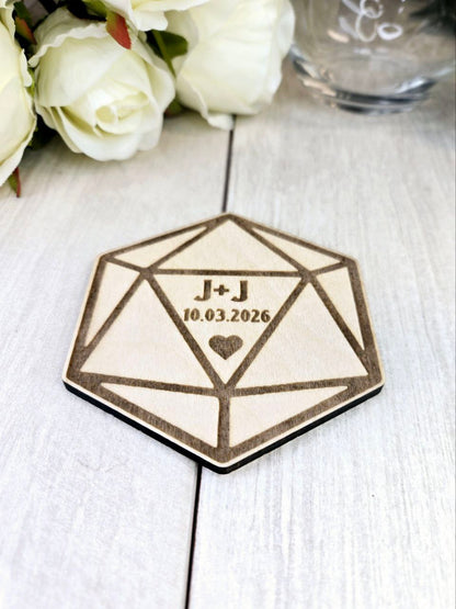 D20 Wedding Coaster Favor • Tabletop Gaming Wedding Gift • Personalized Dice-Themed Coasters for Guests