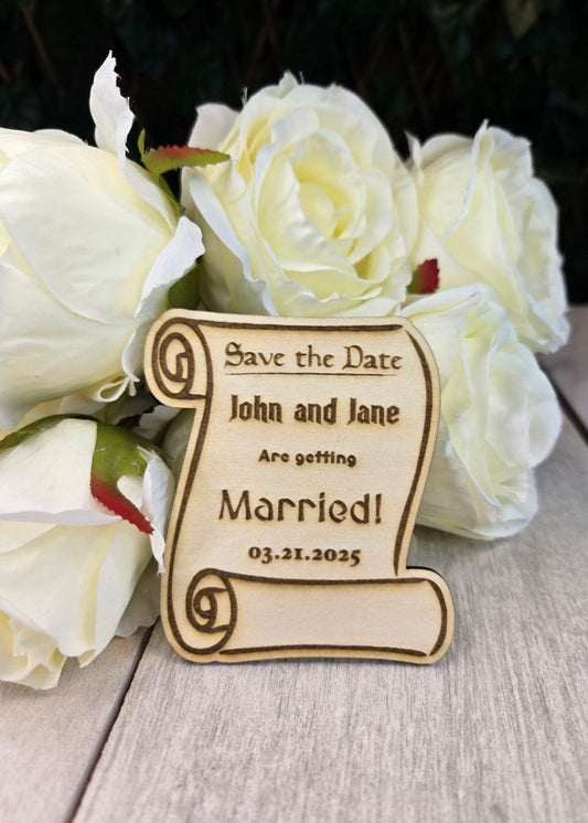 Medieval Scroll Save the Date Magnet • Fantasy Renaissance Wedding Magnet • DnD or Nerdy Save the Date • Wood Magnet with Card