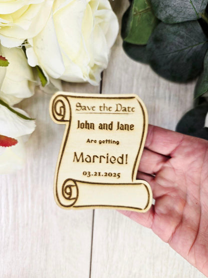 Medieval Scroll Save the Date Magnet • Fantasy Renaissance Wedding Magnet • DnD or Nerdy Save the Date • Wood Magnet with Card