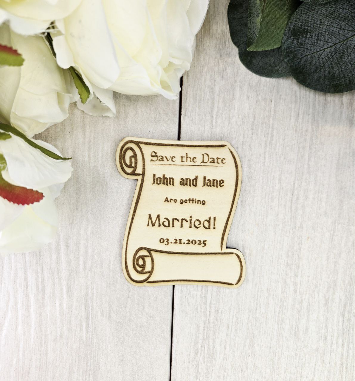 Medieval Scroll Save the Date Magnet • Fantasy Renaissance Wedding Magnet • DnD or Nerdy Save the Date • Wood Magnet with Card