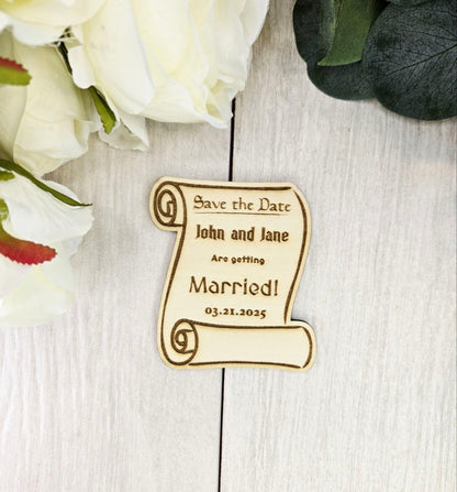Medieval Scroll Save the Date Magnet • Fantasy Renaissance Wedding Magnet • DnD or Nerdy Save the Date • Wood Magnet with Card