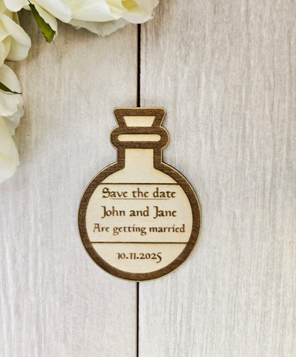Potion Bottle Save the Date Magnet • Nerdy Wedding Invitation • Board Game Themed Custom Wood Favor