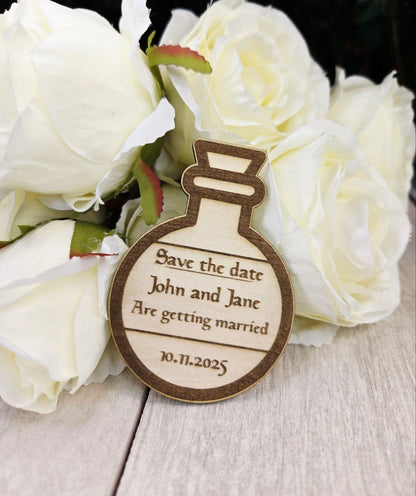 Potion Bottle Save the Date Magnet • Nerdy Wedding Invitation • Board Game Themed Custom Wood Favor