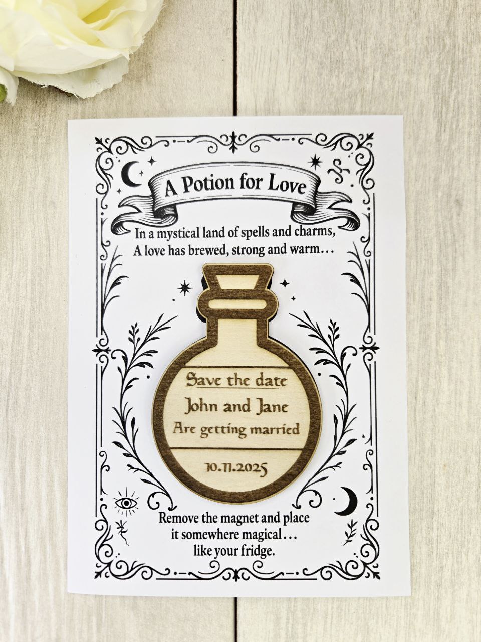 Potion Bottle Save the Date Magnet • Nerdy Wedding Invitation • Board Game Themed Custom Wood Favor