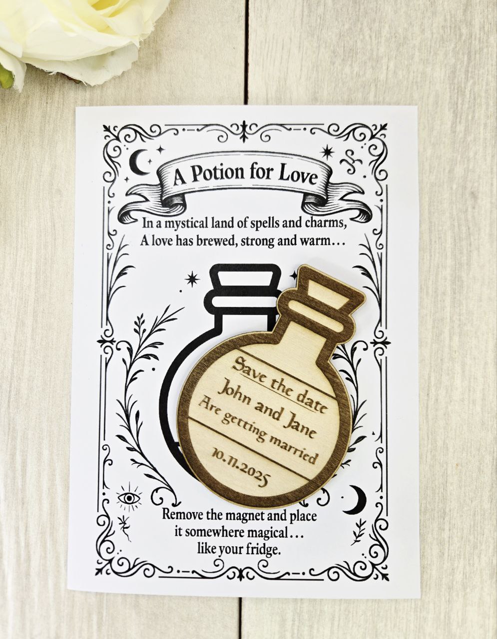 Potion Bottle Save the Date Magnet • Nerdy Wedding Invitation • Board Game Themed Custom Wood Favor