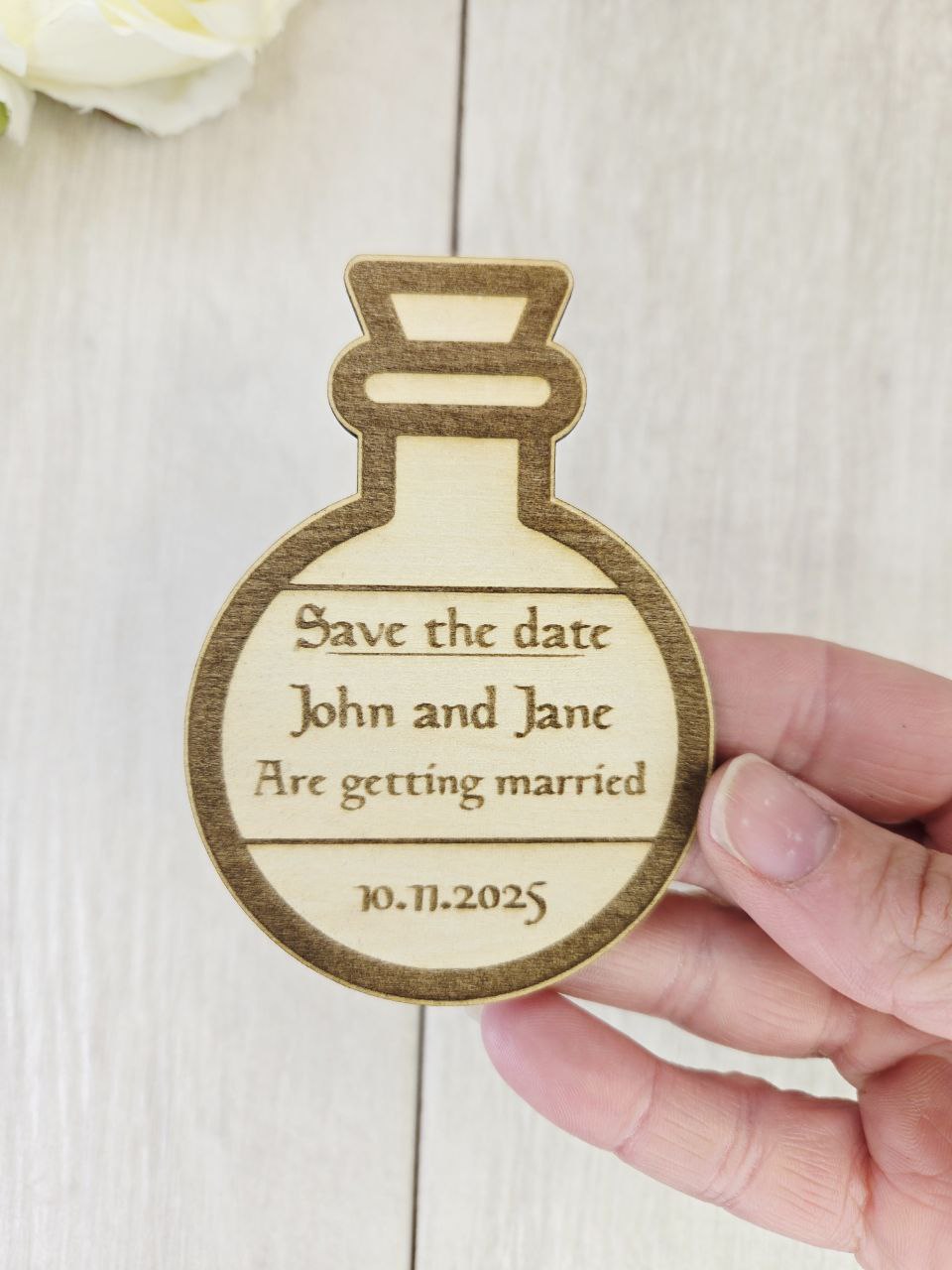 Potion Bottle Save the Date Magnet • Nerdy Wedding Invitation • Board Game Themed Custom Wood Favor