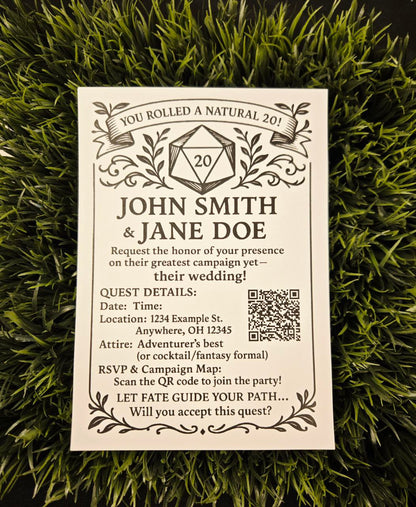 D20 Wedding Invitations • Tabletop RPG Wedding Stationery • Custom Fantasy Game Invite