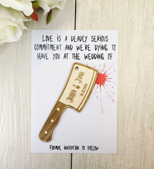 Cleaver Save the Date Magnet • Horror Wedding Invitation • Funny Halloween Wedding Favor for Guests • Serial Killer Wedding Decor Idea