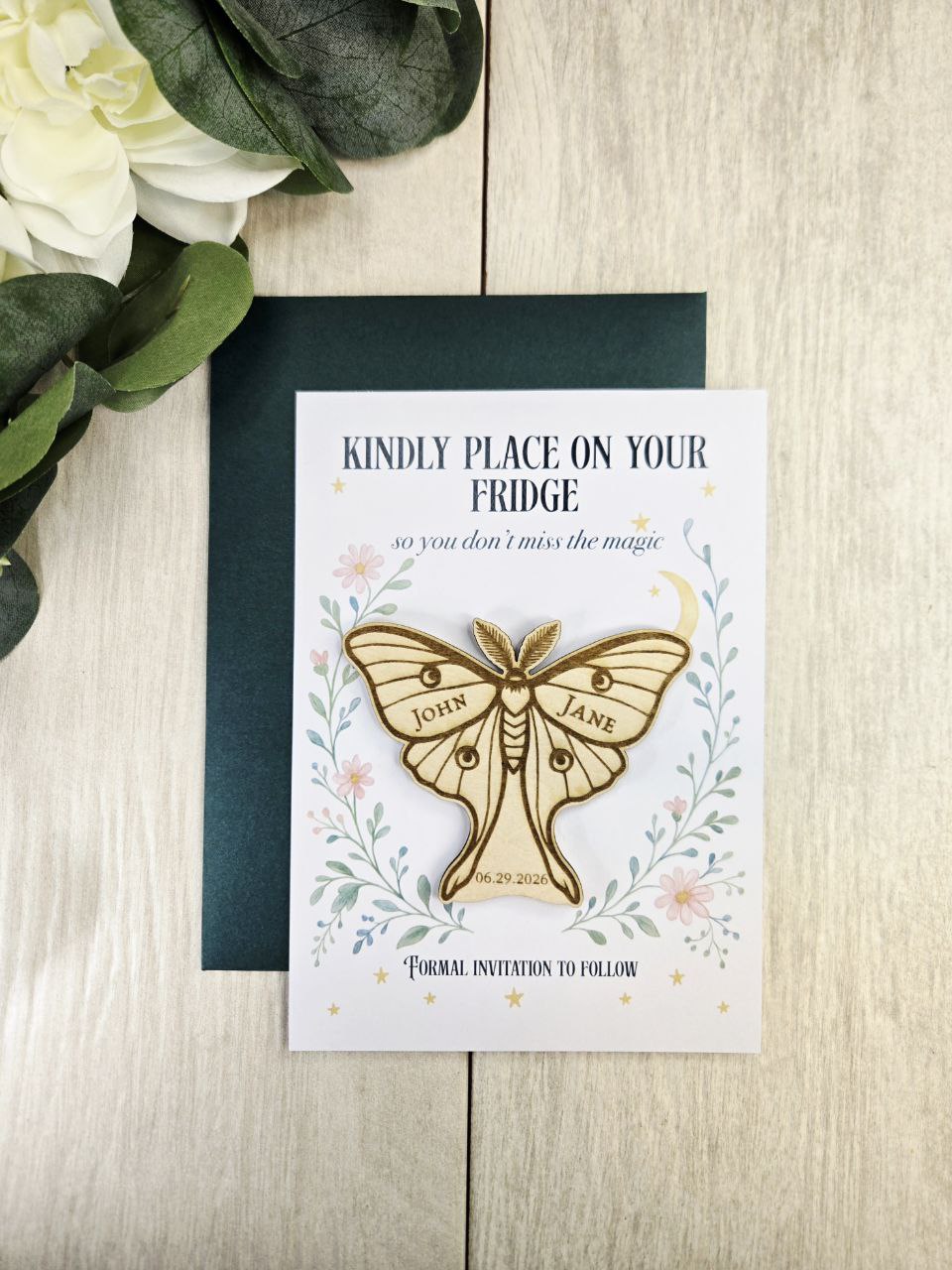 Luna Moth Save the Date Magnet • Celestial Wedding Invitation • Witchy Boho Wedding Favor • Personalized Wooden Magnet