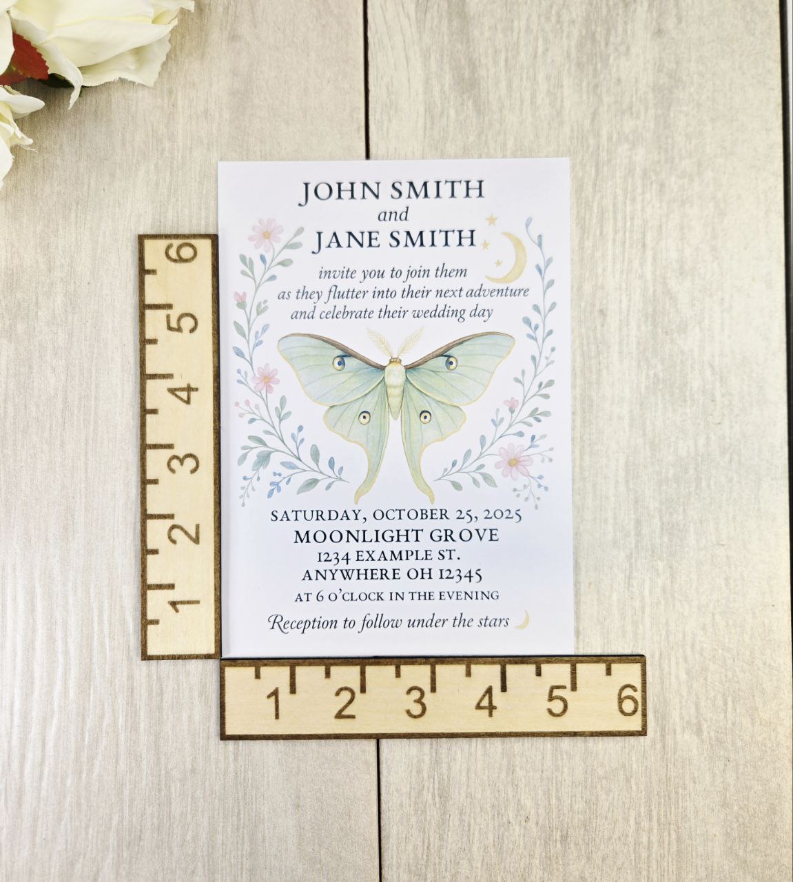 Luna Moth Wedding Invitation • Magnetic Rustic Boho Wedding Invite • Celestial Woodland Wedding Card with Heart Magnet