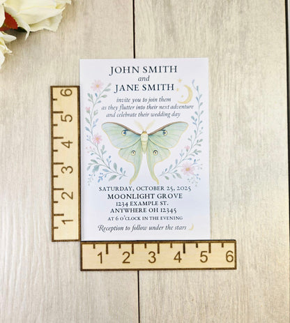 Luna Moth Wedding Invitation • Magnetic Rustic Boho Wedding Invite • Celestial Woodland Wedding Card with Heart Magnet