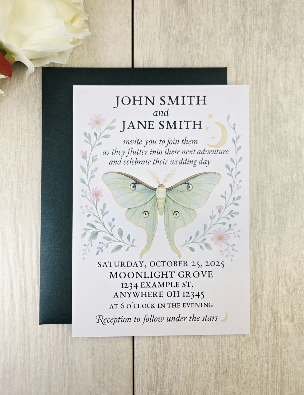 Luna Moth Wedding Invitation • Magnetic Rustic Boho Wedding Invite • Celestial Woodland Wedding Card with Heart Magnet