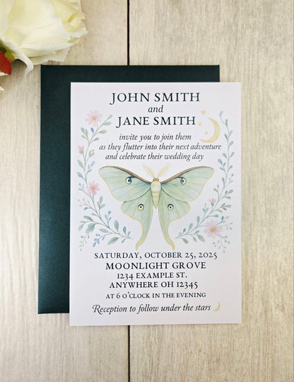 Luna Moth Wedding Invitation • Magnetic Rustic Boho Wedding Invite • Celestial Woodland Wedding Card with Heart Magnet
