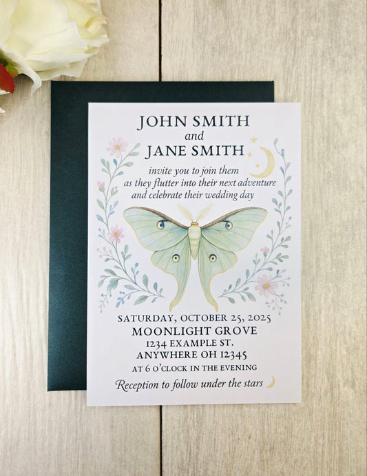 Luna Moth Wedding Invitation • Magnetic Rustic Boho Wedding Invite • Celestial Woodland Wedding Card with Heart Magnet