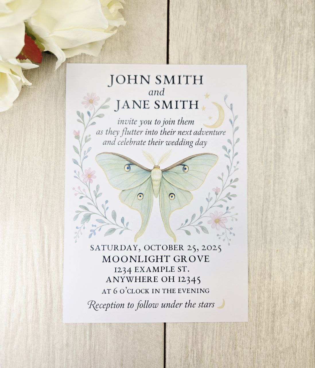 Luna Moth Wedding Invitation • Magnetic Rustic Boho Wedding Invite • Celestial Woodland Wedding Card with Heart Magnet