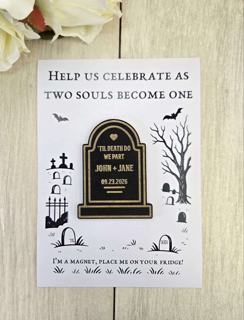 Tombstone Save the Date Magnet • Gothic Halloween Wedding Invitation • Spooky Wedding Favor • Til Death Do Us Part Magnet Invite