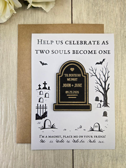 Tombstone Save the Date Magnet • Gothic Halloween Wedding Invitation • Spooky Wedding Favor • Til Death Do Us Part Magnet Invite