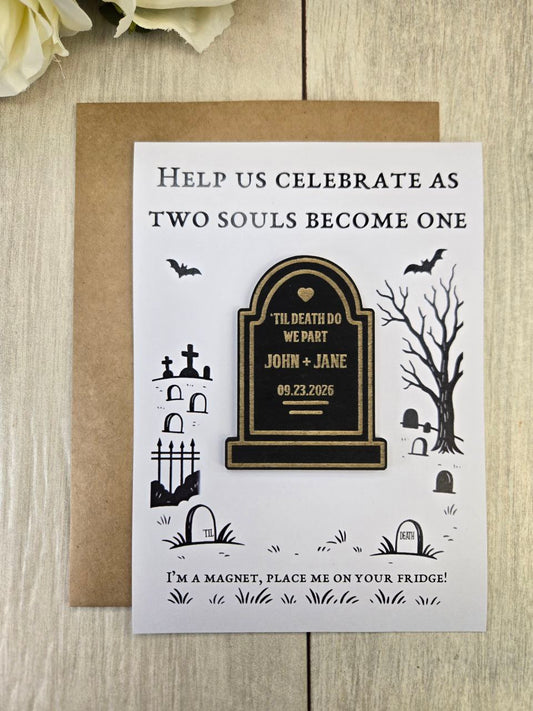 Tombstone Save the Date Magnet • Gothic Halloween Wedding Invitation • Spooky Wedding Favor • Til Death Do Us Part Magnet Invite