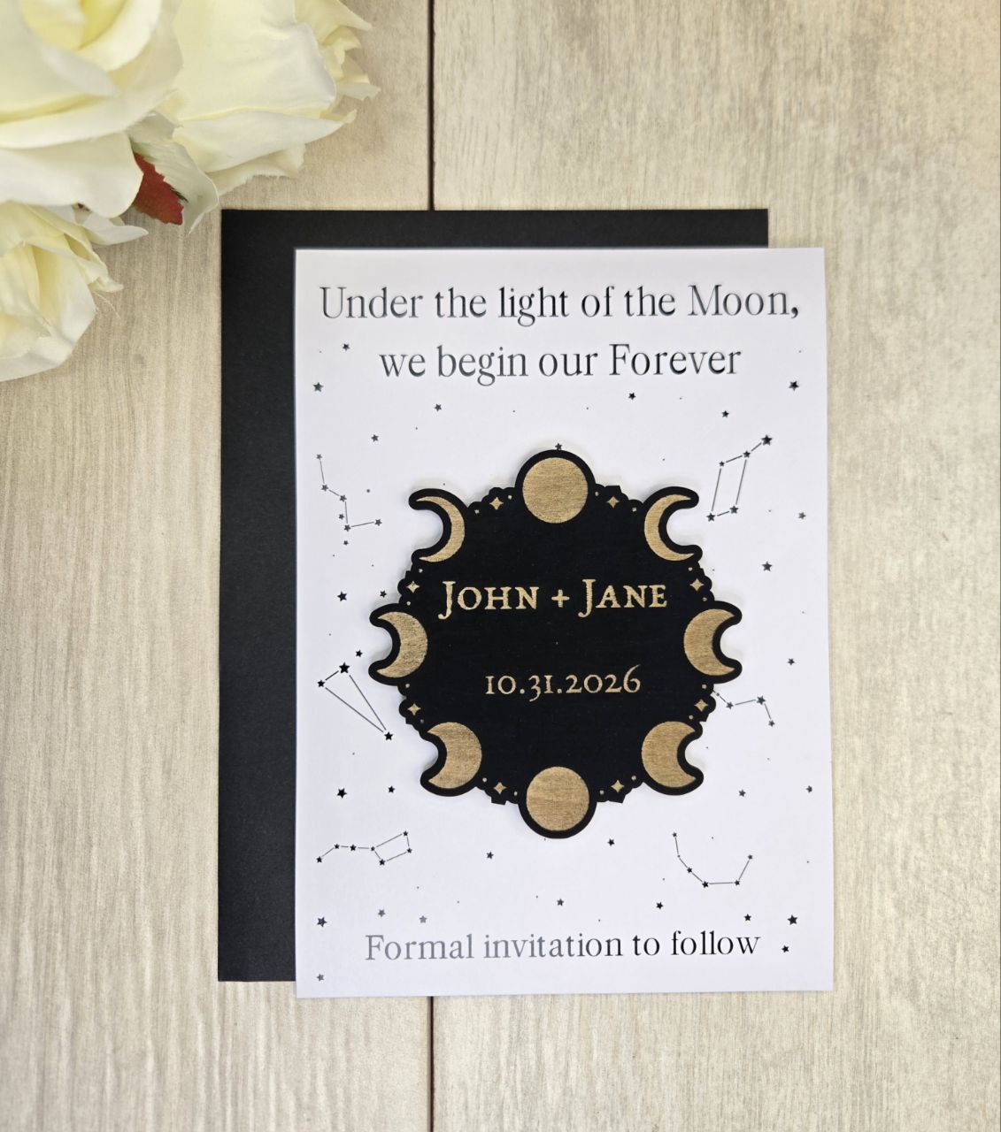 Moon Phase Save the Date Magnet • Celestial Wedding Invitation • Witchy Gothic Wedding Favor • Halloween Wedding Magnet Card