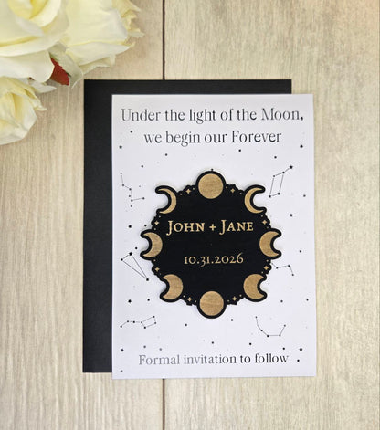 Moon Phase Save the Date Magnet • Celestial Wedding Invitation • Witchy Gothic Wedding Favor • Halloween Wedding Magnet Card