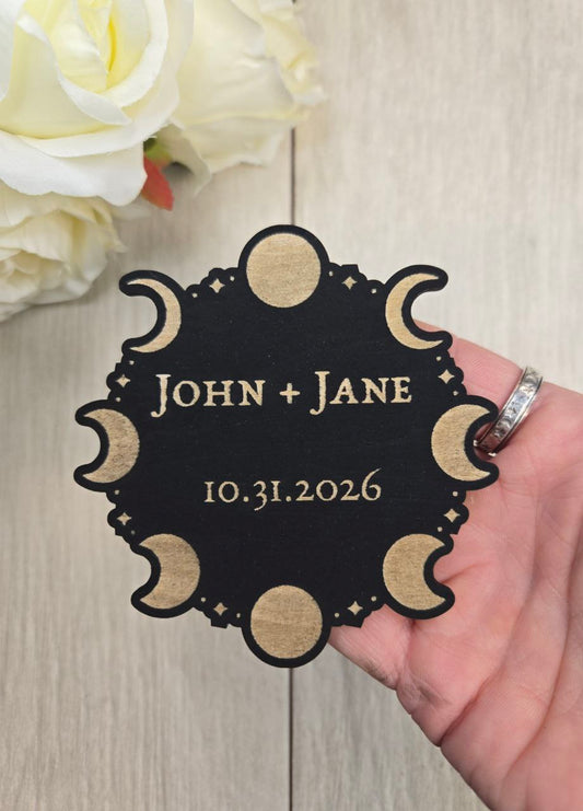 Moon Phase Save the Date Magnet • Celestial Wedding Invitation • Witchy Gothic Wedding Favor • Halloween Wedding Magnet Card
