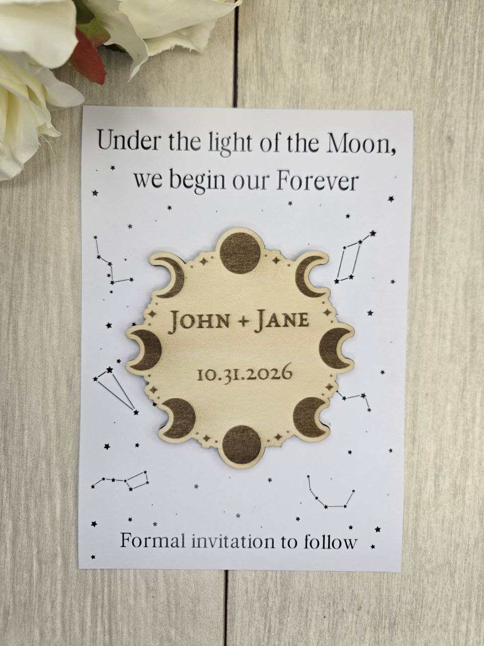 Moon Phase Save the Date Magnet • Celestial Wedding Invitation • Witchy Gothic Wedding Favor • Halloween Wedding Magnet Card