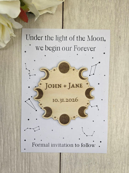 Moon Phase Save the Date Magnet • Celestial Wedding Invitation • Witchy Gothic Wedding Favor • Halloween Wedding Magnet Card