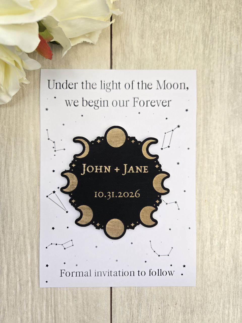 Moon Phase Save the Date Magnet • Celestial Wedding Invitation • Witchy Gothic Wedding Favor • Halloween Wedding Magnet Card