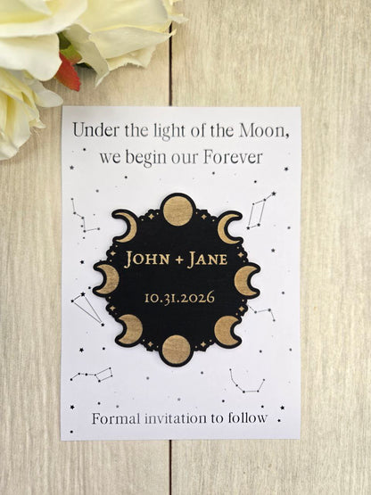 Moon Phase Save the Date Magnet • Celestial Wedding Invitation • Witchy Gothic Wedding Favor • Halloween Wedding Magnet Card
