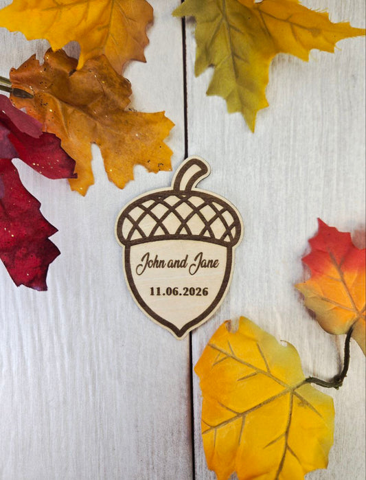 Acorn Save the Date Magnet • Fall Wedding Invitations • Rustic Autumn Wedding Favor • Personalized Wooden Magnet • Cozy Woodland Wedding