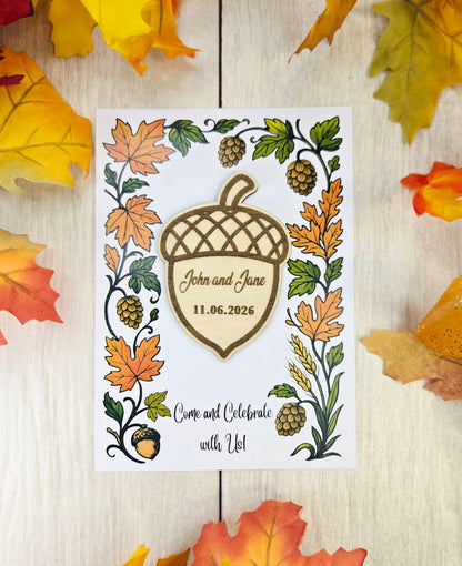 Acorn Save the Date Magnet • Fall Wedding Invitations • Rustic Autumn Wedding Favor • Personalized Wooden Magnet • Cozy Woodland Wedding