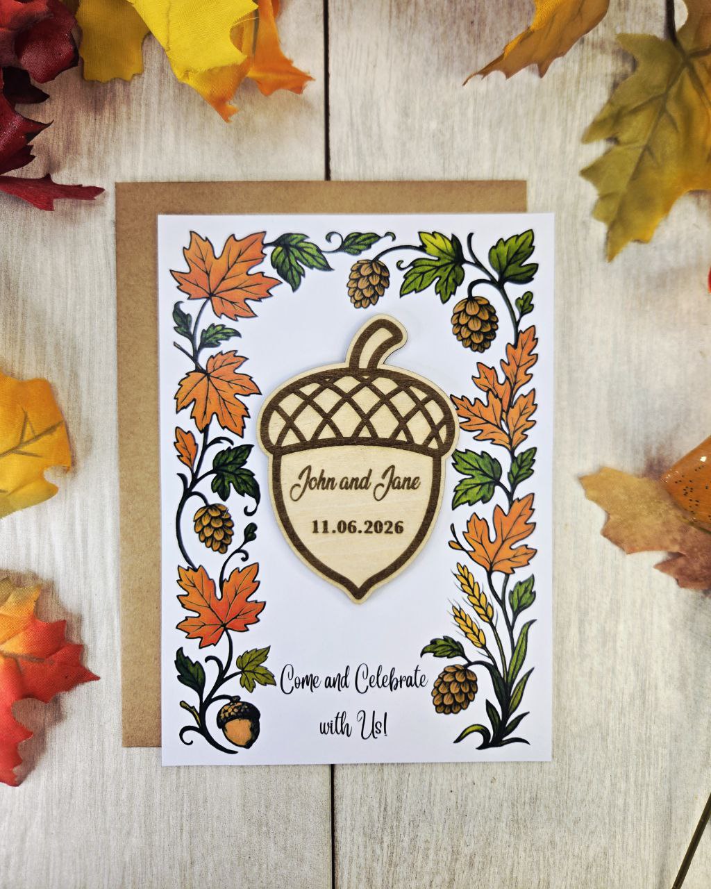 Acorn Save the Date Magnet • Fall Wedding Invitations • Rustic Autumn Wedding Favor • Personalized Wooden Magnet • Cozy Woodland Wedding