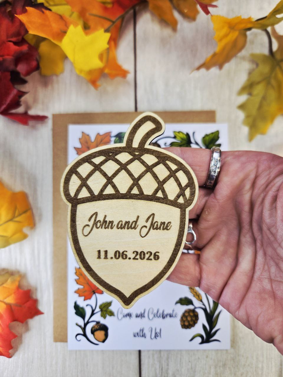 Acorn Save the Date Magnet • Fall Wedding Invitations • Rustic Autumn Wedding Favor • Personalized Wooden Magnet • Cozy Woodland Wedding