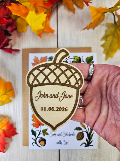 Acorn Save the Date Magnet • Fall Wedding Invitations • Rustic Autumn Wedding Favor • Personalized Wooden Magnet • Cozy Woodland Wedding