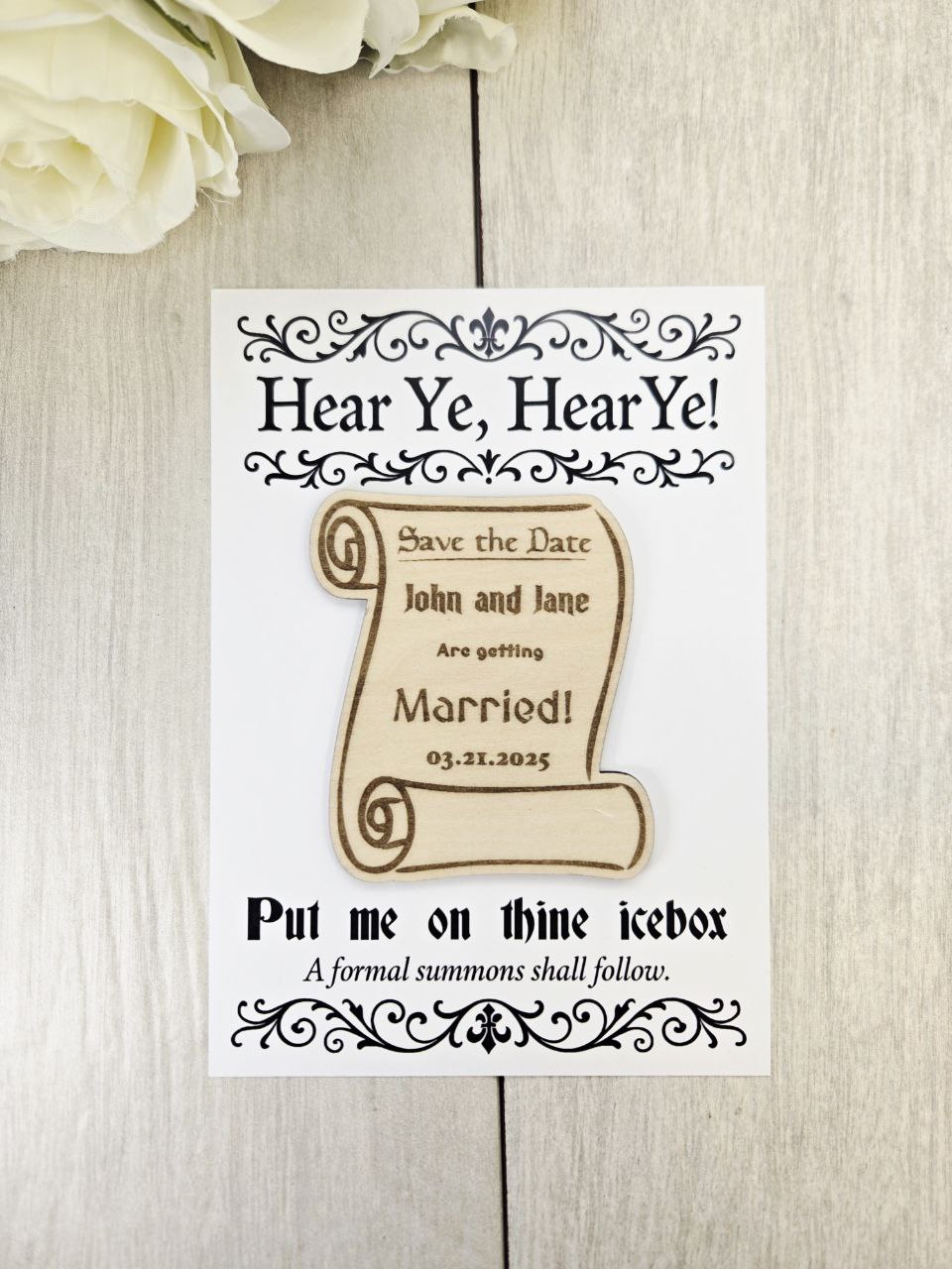 Medieval Scroll Save the Date Magnet • Fantasy Renaissance Wedding Magnet • DnD or Nerdy Save the Date • Wood Magnet with Card