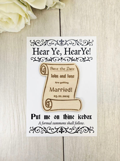 Medieval Scroll Save the Date Magnet • Fantasy Renaissance Wedding Magnet • DnD or Nerdy Save the Date • Wood Magnet with Card