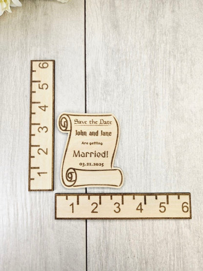 Medieval Scroll Save the Date Magnet • Fantasy Renaissance Wedding Magnet • DnD or Nerdy Save the Date • Wood Magnet with Card