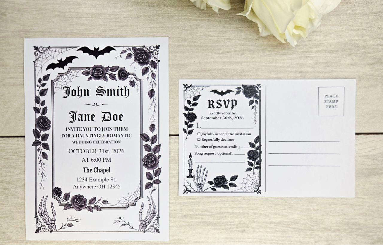 Gothic Bat Wedding Invitation • Spooky Paper Wedding Invite • Alternative Halloween Wedding Stationery